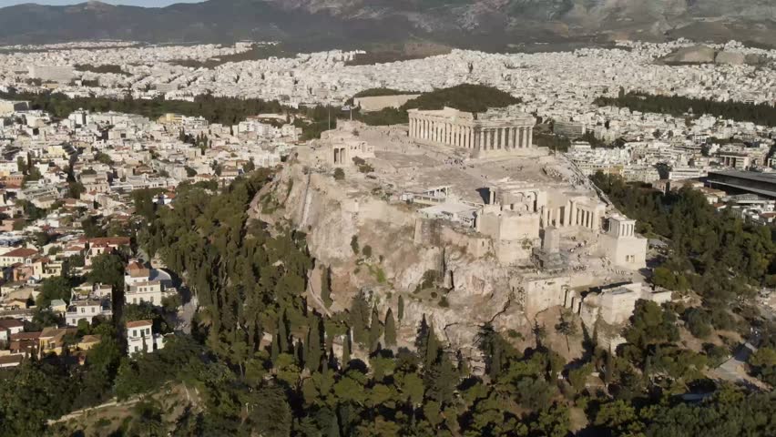 Majestic aerial view of the ancient acropolis citadel, including the parthenon, in athens, greece