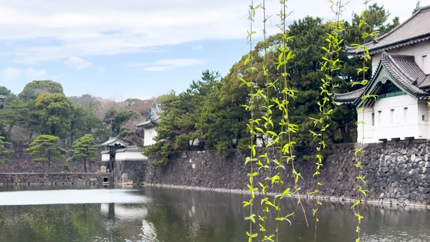 A slow panning shot of the historic Fujimi-yagura watchtower behind a stone moat wall