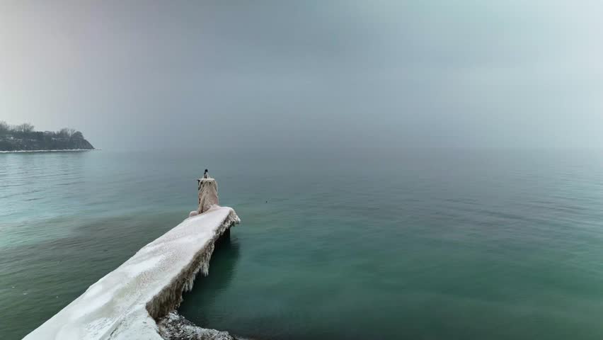 Aerial Perspective of Newcastle Waterfront Pier in Winter with Snow Covered Landscape Ontario Canada