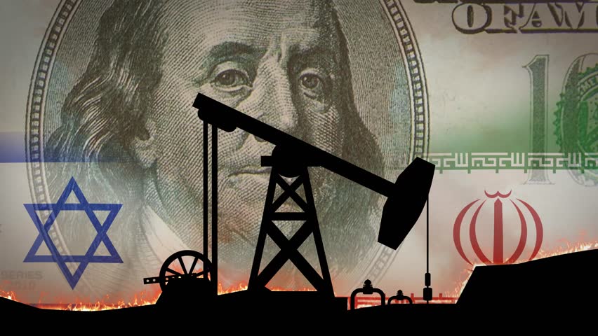 A drilling rig in an oil field. Iranian and Israeli flags and dollars in the background. The concept of oil price caps and the conflict. 4K.