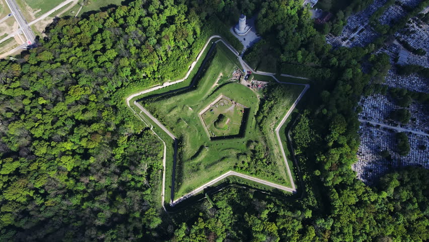 Top view of historic star fort surrounded by trees in Nysa, Poland. Concept of military architecture, cultural heritage and aerial landscape.