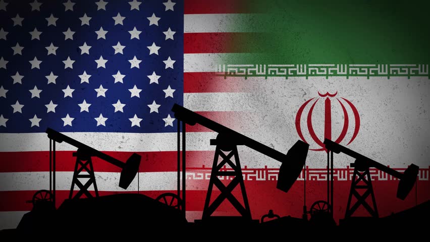 Drilling rigs in an oil field. Background of the US and Iranian flags with a grunge texture. Concept of limiting oil prices. 4K.