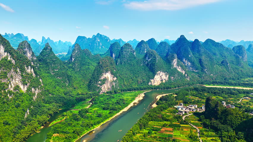 Stunning karst mountain landscape and the winding Li River in Guilin, Guangxi, China. Scenic nature background.