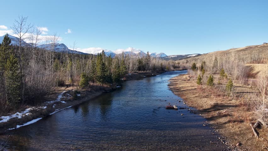 Drone footage capturing a winding river surrounded by trees and grassy banks under a bright blue sky, with reflections on the calm water.