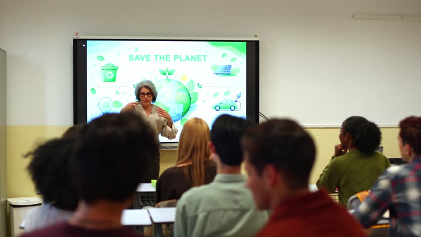 Mature female professor explaining environmental issues to a group of university students in a classroom. She is pointing to a presentation about saving the planet