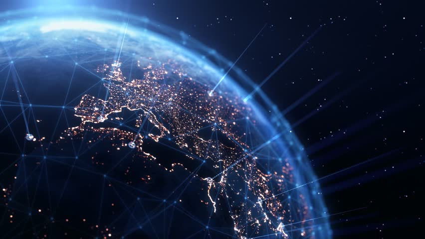 Global Connection Lines. Earth Network Data Transfer. Futuristic AI Technology, 5G, Globe Satellite Communication, Internet Connectivity, Big Data, Digital World Background Animation. Crypto Exchange
