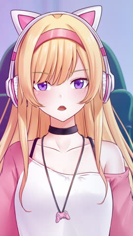Cute blonde anime character vtuber with gaming headphones sing to viewers