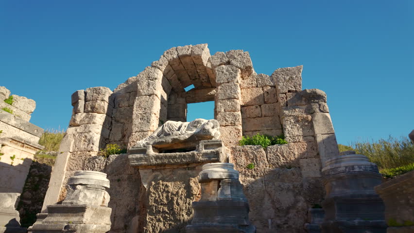 Ancient city of Perge in Antalya, Turkey. Historical ruins in the ancient city of Pamphylia
