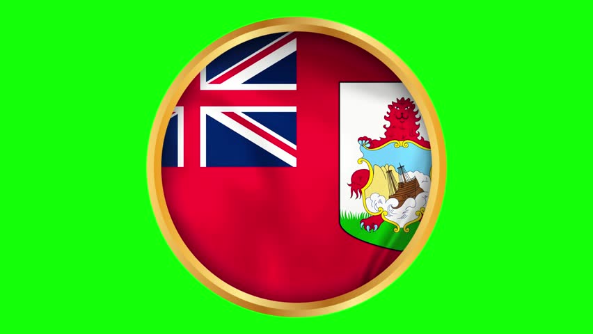 Bermuda round framed national wavy flag. Circular blowing flag of Bermuda. British overseas territory emblem with Red Ensign and lion crest.
