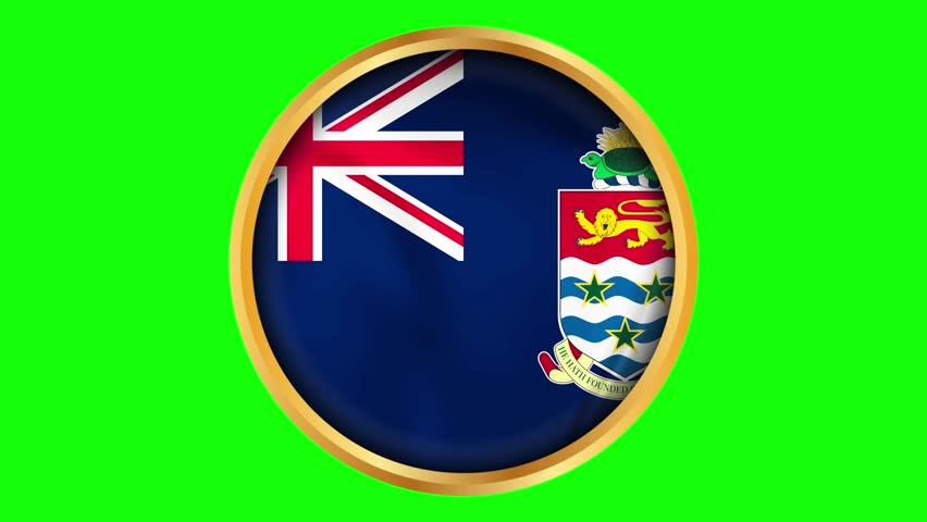 Cayman Islands round framed wavy flag. Circular blowing flag of British territory. Caribbean emblem with Blue Ensign and turtle crest