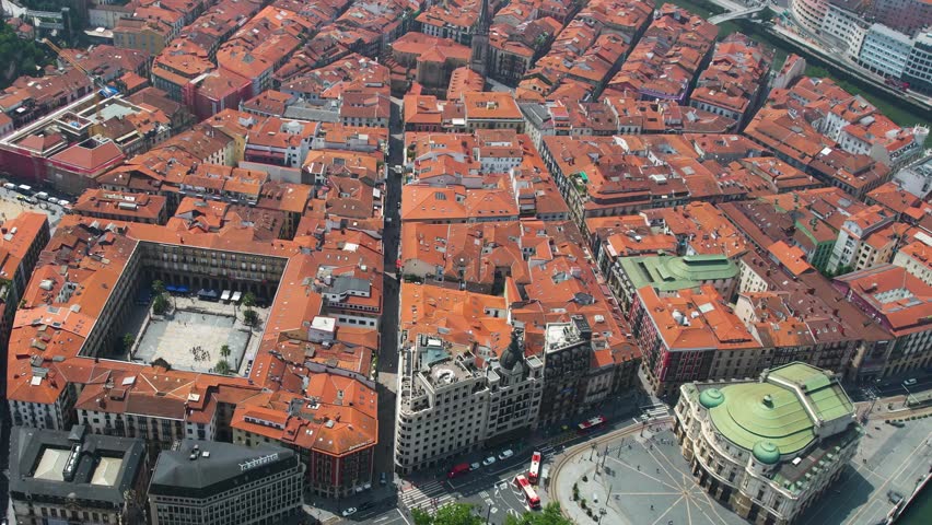 Aerial panorama view of the city and downtown Bilbao, in Spain, basque country  on a sunny noon in summer.