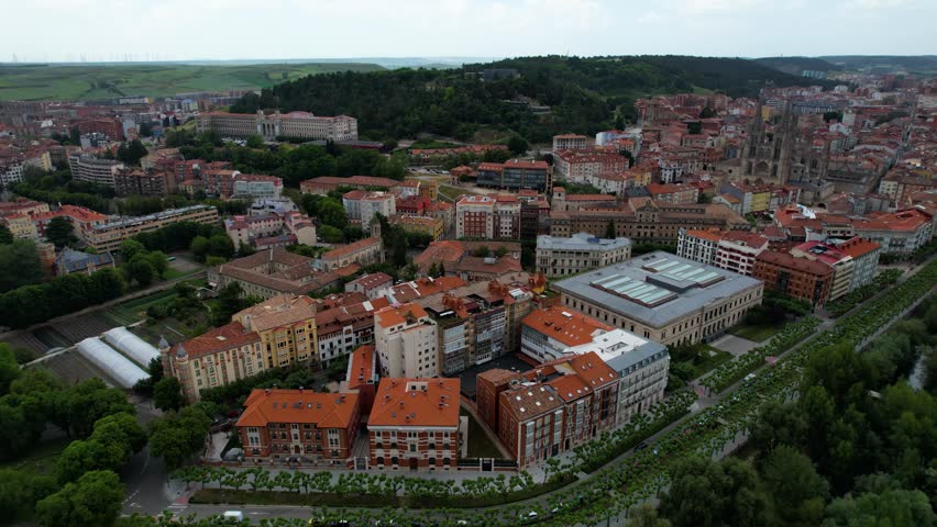 Aerial panorama view of the city and old town Burgos, in Spain,  on a cloudy noon in summer.