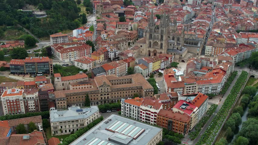 Aerial panorama view of the city and old town Burgos, in Spain,  on a cloudy noon in summer.