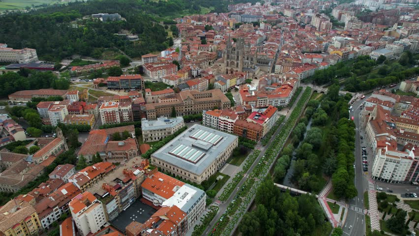 Aerial panorama view of the city and old town Burgos, in Spain,  on a cloudy noon in summer.