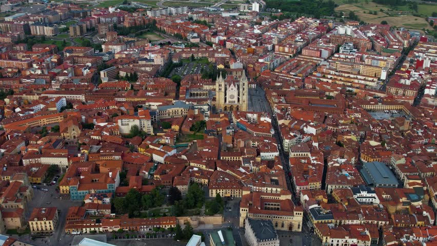 Aerial panorama view of the city and old town Leon, in Spain,  on a cloudy afternoon in summer.