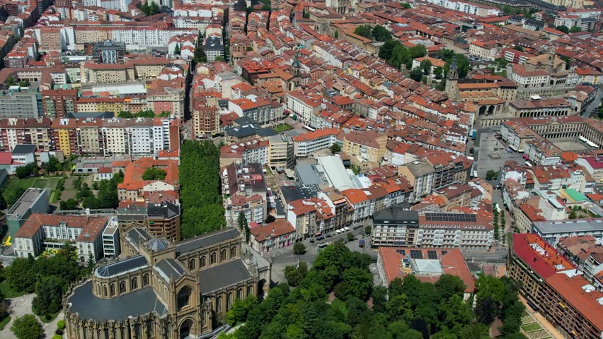 Aerial panorama view of the city and old town Vitoria-Gasteiz, in Spain,  on a sunny noon in summer.