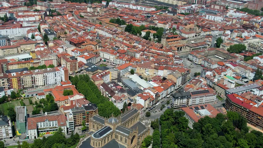 Aerial panorama view of the city and old town Vitoria-Gasteiz, in Spain,  on a sunny noon in summer.