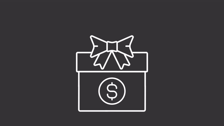 Animated bonus white line icon. Holiday sale animation. Giftbox with coin and bow. Money income. Salary increasing. Financial present. Isolated element on dark background. Alpha transparent video