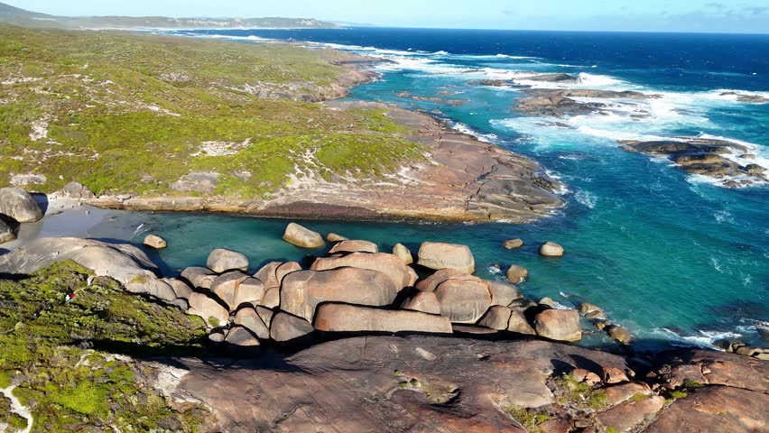 Aerial drone view of Elephant Rocks Beach and Elephant Cove. William Bay National Park near Denmark. Stunning natural rock formations surrounded by turquoise waters.