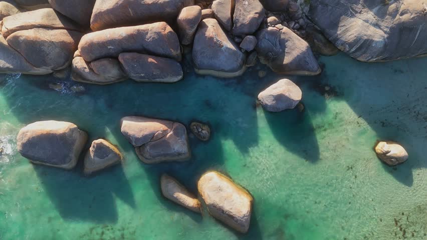 Aerial drone view of Elephant Rocks Beach and Elephant Cove. William Bay National Park near Denmark. Stunning natural rock formations surrounded by turquoise waters.