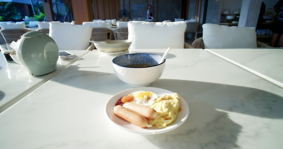 Breakfast food morning served with coffee scrambled eggs and cereals hotel buffet restaurant