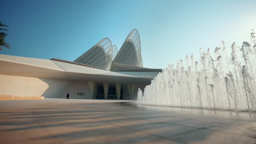 Modern architectural view of Zayed National Museum in Abu Dhabi, United Arab Emirates, showcasing its iconic wing-like towers inspired by falcon feathers under a bright sky. Contemporary cultural landmark and travel destination concept with clean, minimal composition.