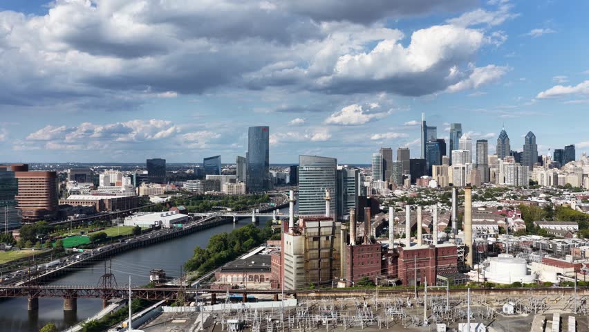 Aerial footage of skyscrapers and office buildings in the skyline in Philadelphia Pennsylvania USA