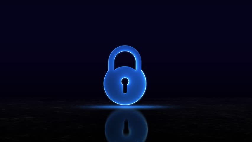 Neon glowing blue color security lock icon sign video motion animation encryption privacy protection on black background. Lock icon glowing animation. 4k motion protection encryption privacy