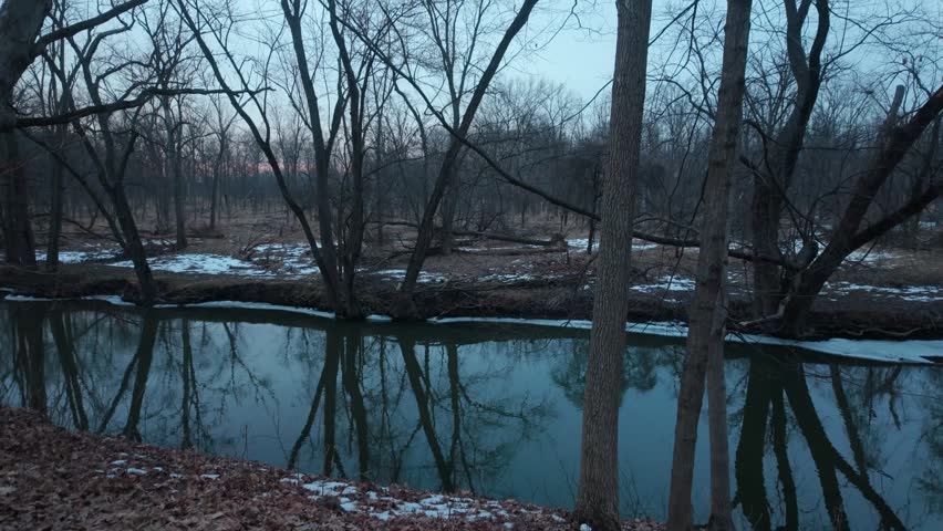 A forest in Winter with snow, reflecting in a cold blue river.
