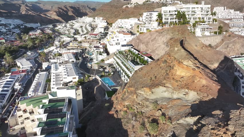 Aerial view of Puerto Rico beach and marina, Puerto Rico, Gran Canaria, Canary Islands, Spain