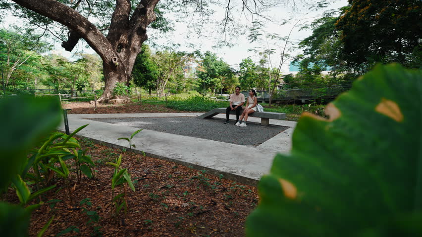 Romantic couple sitting on a park bench enjoying a relaxing date outdoors