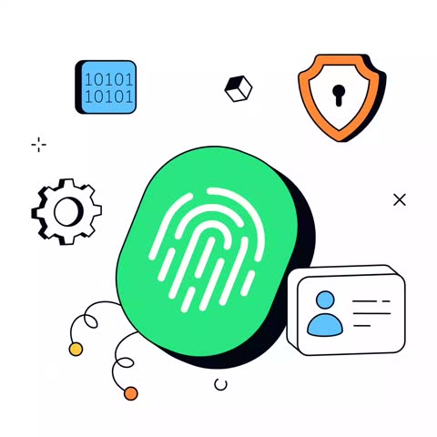 A fingerprint scan is surrounded by a shield, an ID card, a gear, and binary code icons. This represents advanced digital identity verification and secure access control.