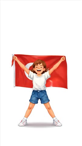Animation of a child holding a flag and waving it over their shoulder. Happy April 23rd National Sovereignty and Children