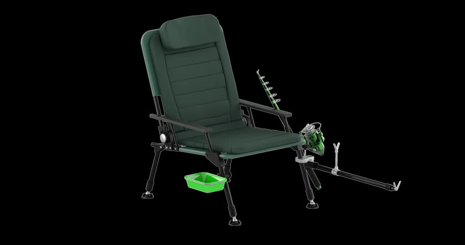Fishing chair with rod and side tray, rotation animation seamlessly loopable. 3D rendering isolated on transparent background
