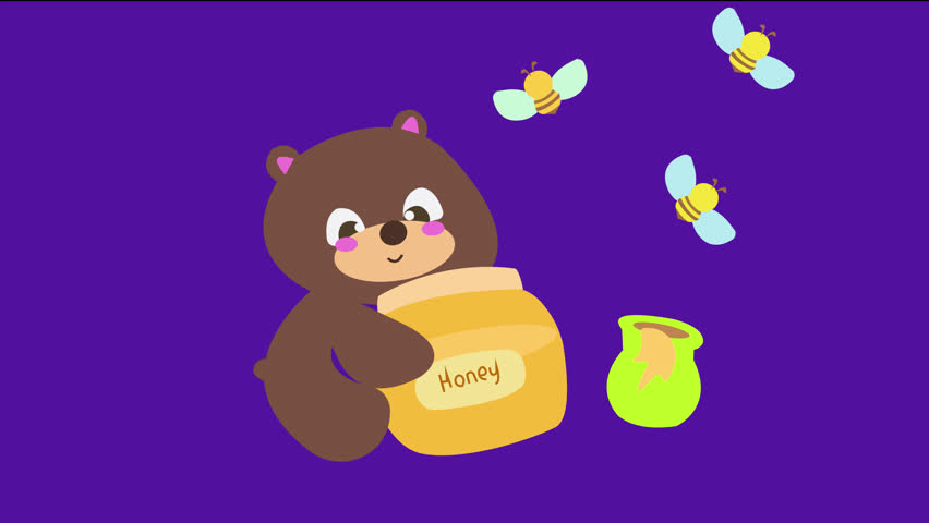 Animation of a cute bear with honey and bees