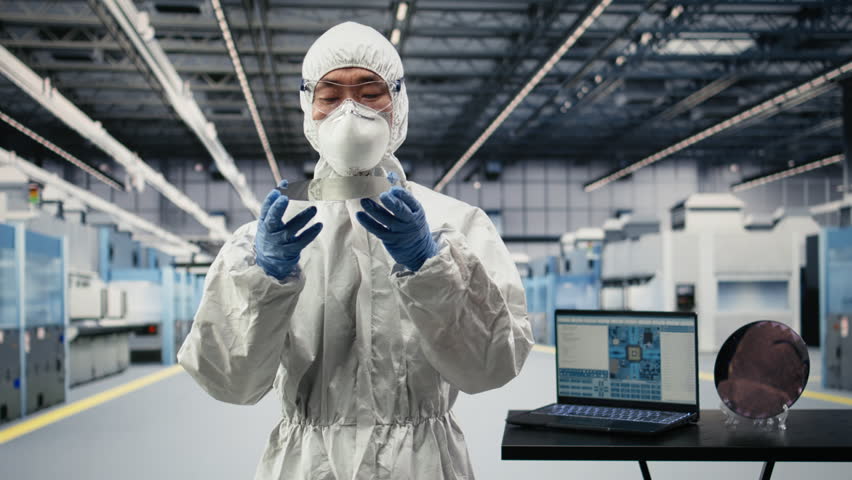 Analyzing silicon wafer, advanced materials trial and close up of technician in microchip factory. Inspecting semiconductor substrates, safety equipment and employee in PCB production plant, camera A