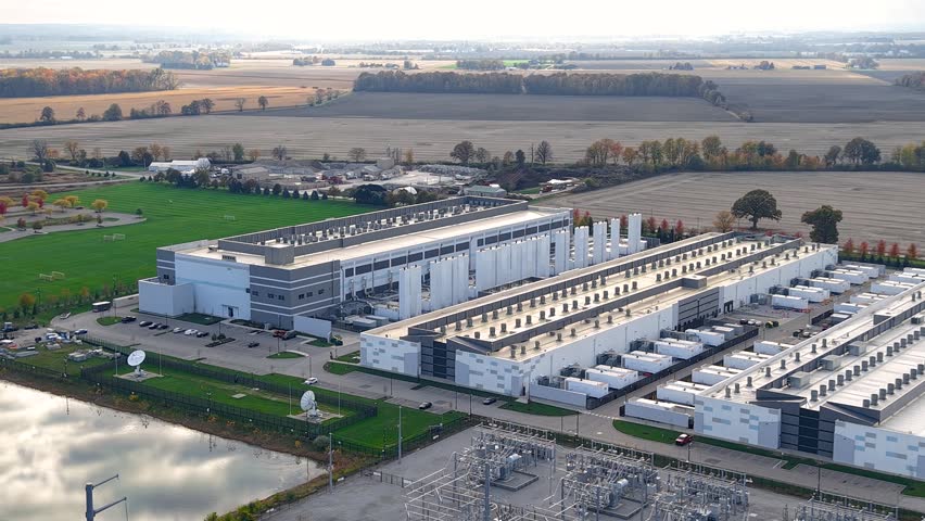 Aerial view of hyperscale data center and electrical substation in Dublin, Ohio.
