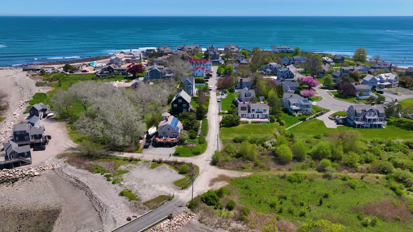 Historic residential houses aerial view on First Cliff village at Scituate Harbor, town of Scituate, Massachusetts MA, USA. 