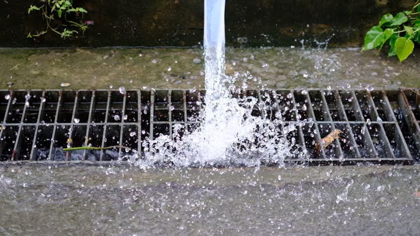 A water drainage pipe is dripping water into a grate. The water is clear and the pipe is rusty