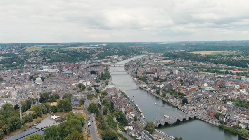 Namur, Belgium. Panorama of the central part of the city. River Meuse. Summer day. Stable. Aerial View