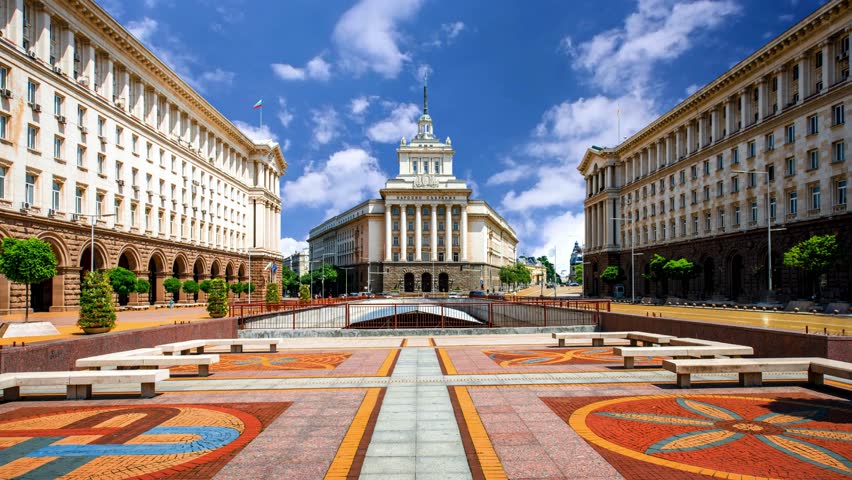 An architectural ensemble of three Socialist Classicism edifices in central Sofia, the capital of Bulgaria Sofia, Bulgaria The Largo and National assembly building in Sofia, Bulgaria National Assembly and the Council of Ministers of Bulgaria before sunset National Assembly of  building aerial panoramic view . Sofia is the capital and largest city 