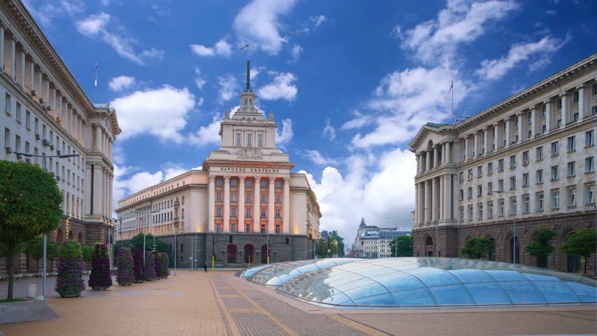 National Assembly of Bulgaria building aerial panoramic view in Sofia. Sofia is the capital and largest city of Bulgaria.National Assembly and the Council of Ministers of Bulgaria before sunset in Sofia, BulgariaThe Largo and National assembly building