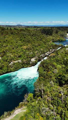 Huka Falls on Waikato River near Taupo, NZ. Aerial vertical