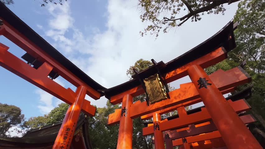 This is a detailed view of Fushimi Inari Taisha in Kyoto, Japan, which is famous for its thousands of red Torii doors across forested mountains. This video shows the iconic trails, traditional shrine structures, images of Inari