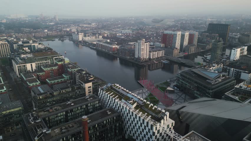 A panoramic aerial view of Dublin Dockalands, a big hub for business, culture, and innovation - Modern part of Dublin City.
