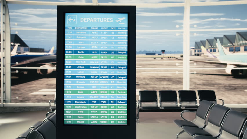 Departures board with red alerts showing cancelled flights and suspended travel inside international airport terminal with no passengers. Grounded airplanes emphasize disruption, and bad news