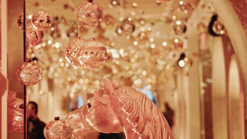 Elegant close-up of a decorative horse statue displayed inside a warmly lit hallway filled with golden holiday lights and ornaments