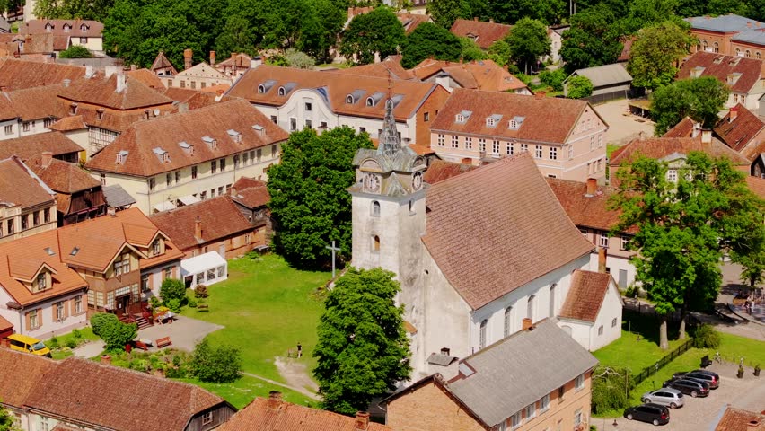 Aerial view of Kuldiga St Catherine Evangelical Lutheran Church in Latvia