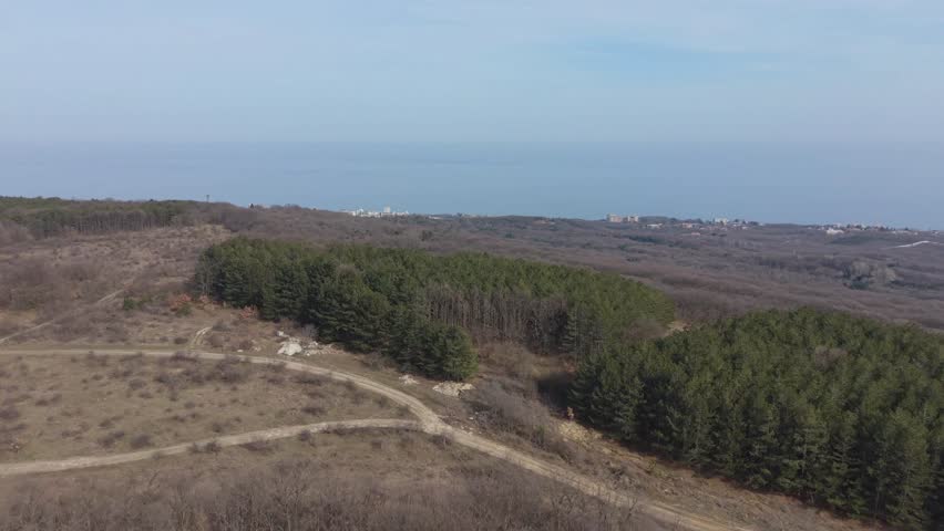 Aerial landscape of dry hills and forest terrain with natural scenery and distant mountains
