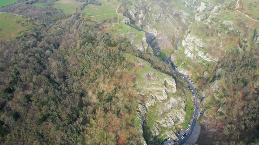 Epic aerial view of Cheddar Gorage, Historical Landmark of Cheddar, village of Somerset, England, uk